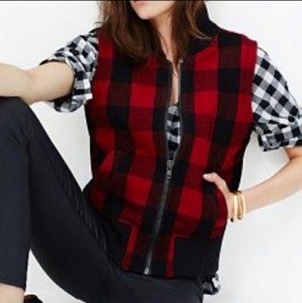 Madewell buffalo plaid shepra lined vest wool red black xs‎